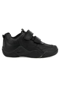 Schwarze sportive Schuhe aus Leder und synthetischen Materialien, mit einem niedrigen Design, zwei verstellbaren Klettverschlüssen und einer strukturierten Gummisohle.