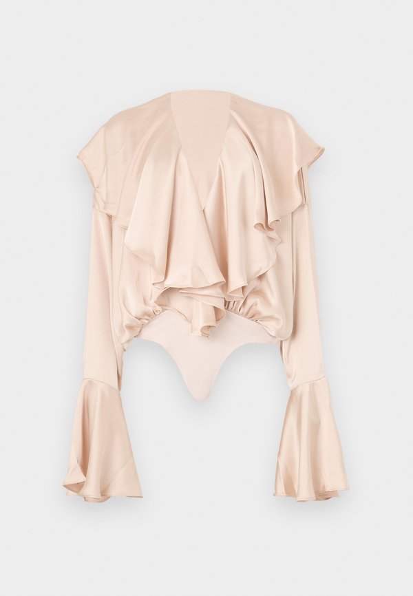 Norma Kamali LONG SLEEVE DEEP V RUFFLE BODYSUIT