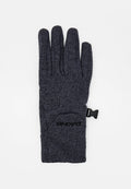 Dunkelgrauer, gestrickter Handschuh mit vier Fingern, strukturiertem Material, verstellbarem Handgelenkriemen und Logodetail an der Manschette.