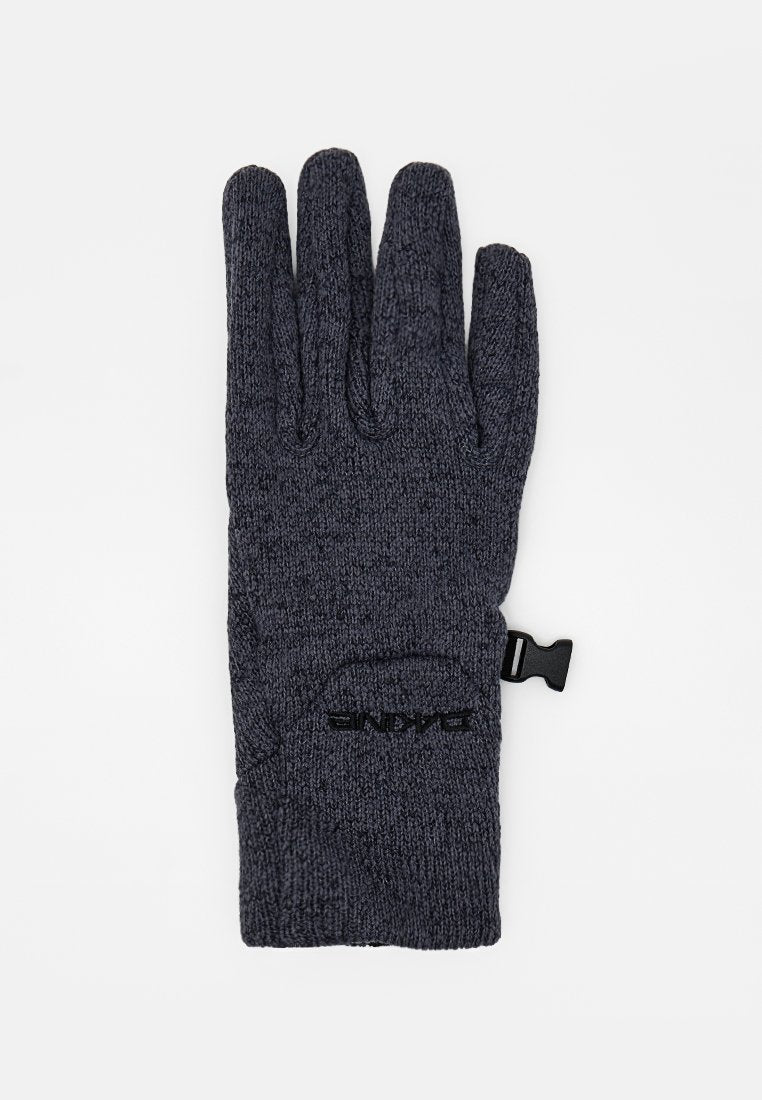 Dunkelgrauer, gestrickter Handschuh mit vier Fingern, strukturiertem Material, verstellbarem Handgelenkriemen und Logodetail an der Manschette.