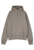 Khakifarbener Pullover-Hoodie mit einem halben Reißverschluss, großer Fronttasche und gerippten Bündchen. Hergestellt aus weichem Stoff mit lockerer Passform.