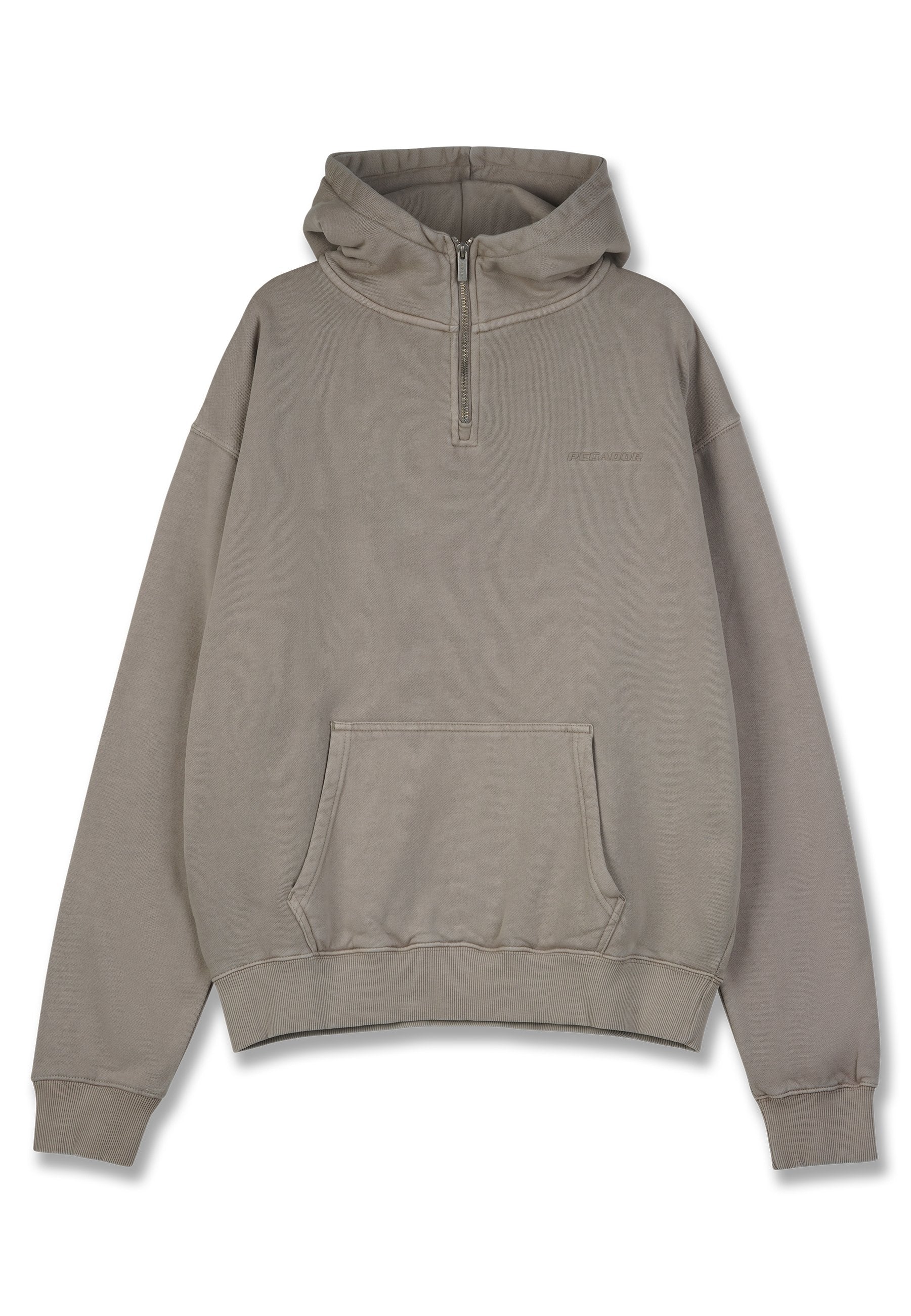 Khakifarbener Pullover-Hoodie mit einem halben Reißverschluss, großer Fronttasche und gerippten Bündchen. Hergestellt aus weichem Stoff mit lockerer Passform.
