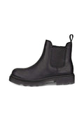 Schwarze Leder Chelsea-Stiefel mit elastischen Seitenpaneelen, runder Zehenform und robuster Sohle mit tiefen Profilen für besseren Halt. Schlaufe für einfaches Anziehen.