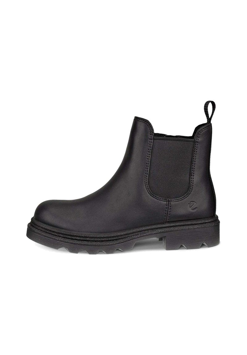 Schwarze Leder Chelsea-Stiefel mit elastischen Seitenpaneelen, runder Zehenform und robuster Sohle mit tiefen Profilen für besseren Halt. Schlaufe für einfaches Anziehen.