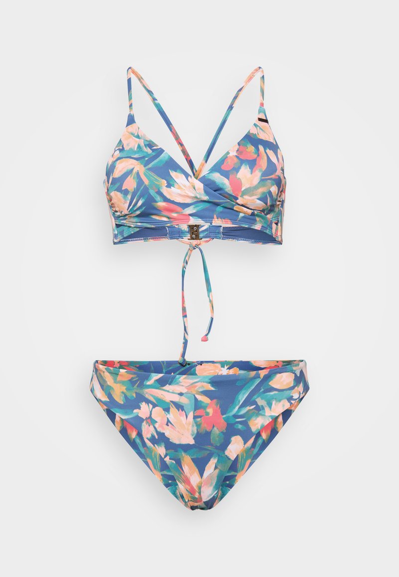 Blumiges Bikini-Set mit blauem Grund und bunten Blumen. Das Oberteil hat einen V-Ausschnitt und verstellbare Träger; der Slip ist hochgeschnitten.