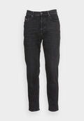 Schwarze Jeans aus Denim im Straight-Leg-Schnitt, mit fünf Taschen, einem Knopfverschluss und subtilen Ausbleichungen für eine strukturierte Optik.