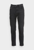 Schwarze Jeans aus Denim im Straight-Leg-Schnitt, mit fünf Taschen, einem Knopfverschluss und subtilen Ausbleichungen für eine strukturierte Optik.