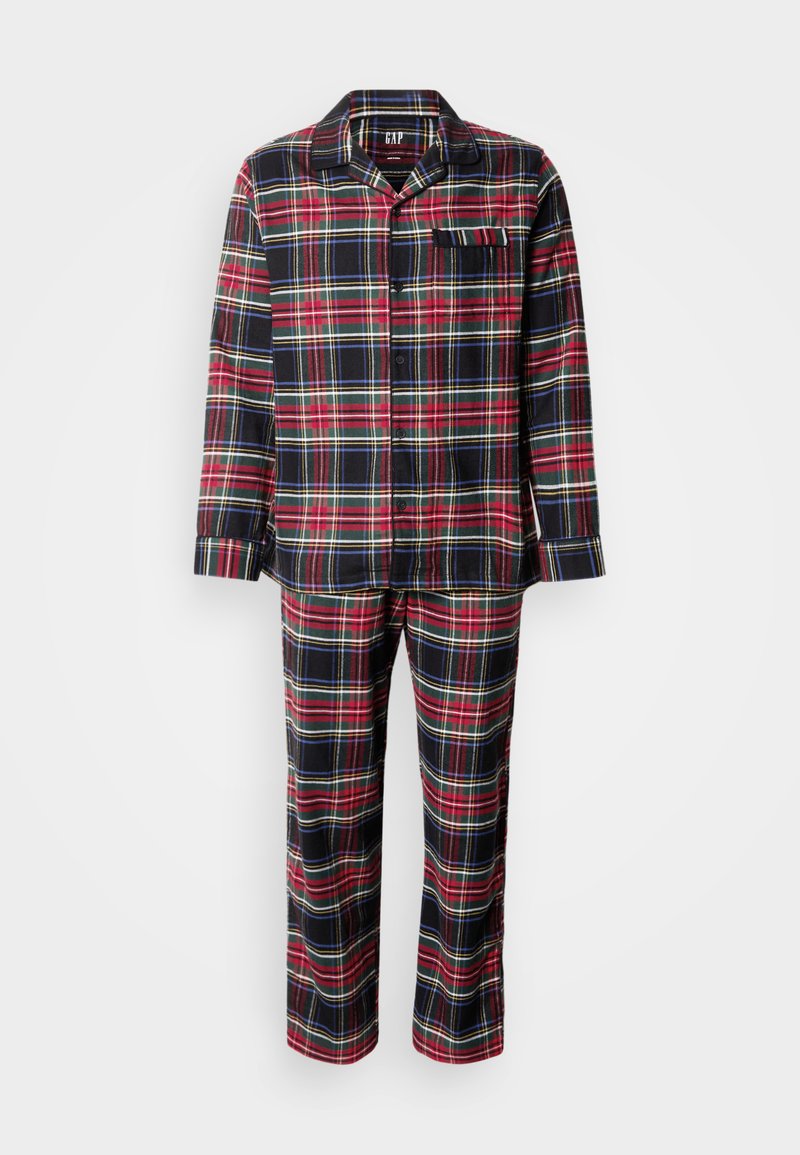 Rotes und schwarzes kariertes Pyjama-Set aus weichem Stoff, bestehend aus einem Hemd mit Knopfleiste und Tasche sowie passenden langen Hosen.