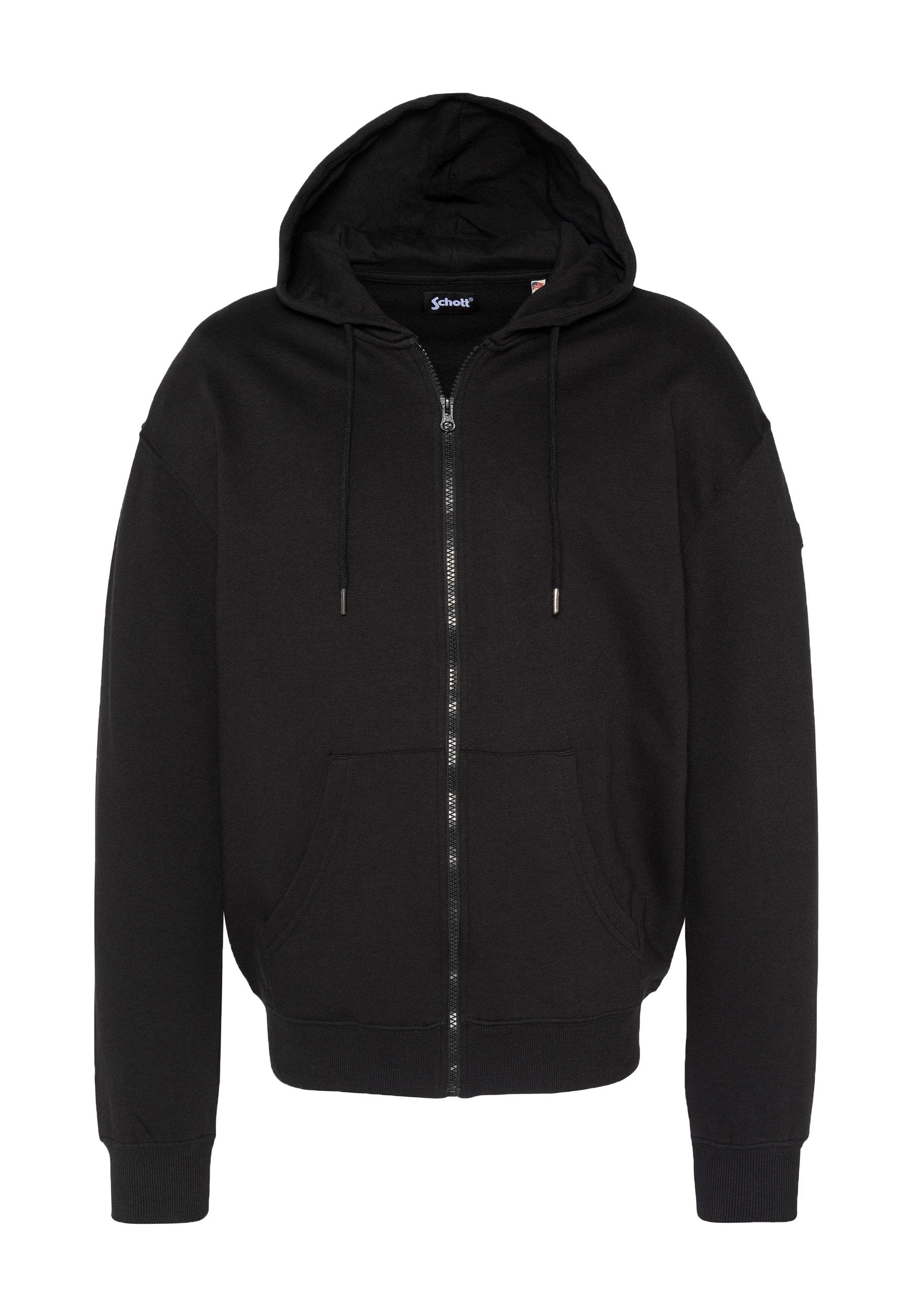 Schwarzer Zip-Hoodie aus weichem Stoff, mit verstellbarer Kapuze, Fronttaschen sowie gerippten Bündchen und Saum. Einfaches, funktionales Design.