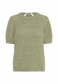 Helles, grünes, kurzärmliges Sweatshirt mit rundem Ausschnitt und Bindeband am Rücken. Weicher, strukturierten Stoff mit lockerer Passform.