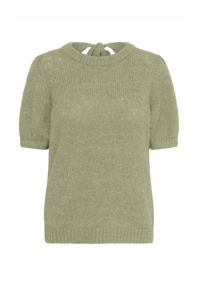 Helles, grünes, kurzärmliges Sweatshirt mit rundem Ausschnitt und Bindeband am Rücken. Weicher, strukturierten Stoff mit lockerer Passform.