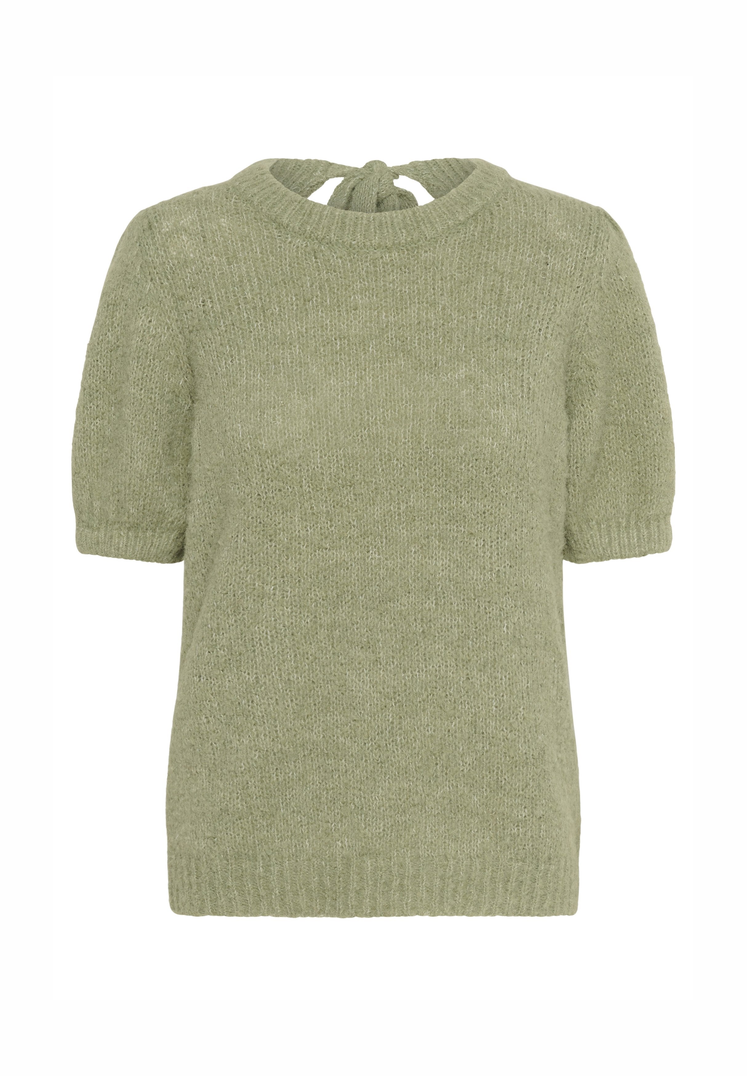 Helles, grünes, kurzärmliges Sweatshirt mit rundem Ausschnitt und Bindeband am Rücken. Weicher, strukturierten Stoff mit lockerer Passform.
