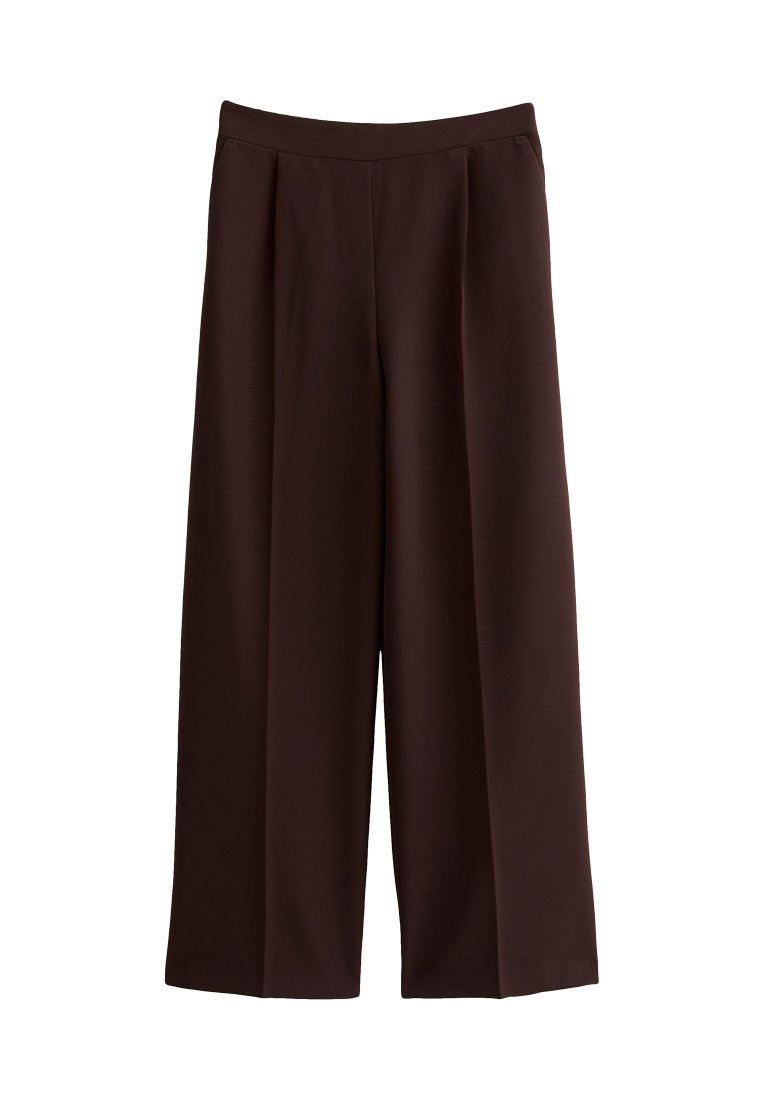 Hellebraune Weite-Hosen aus einem glatten, leichten Stoff mit Faltendetails und einem elastischen Bund für zusätzlichen Komfort.
