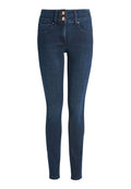 Dunkelblaue Skinny Jeans mit zwei Knopfverschlüssen, frontalen Taschen und Kontrastnähten. Hergestellt aus Denim mit glatter Textur.
