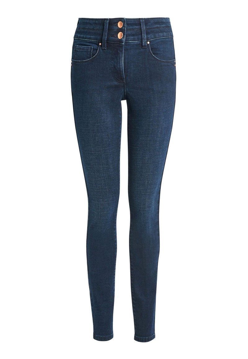 Dunkelblaue Skinny Jeans mit zwei Knopfverschlüssen, frontalen Taschen und Kontrastnähten. Hergestellt aus Denim mit glatter Textur.