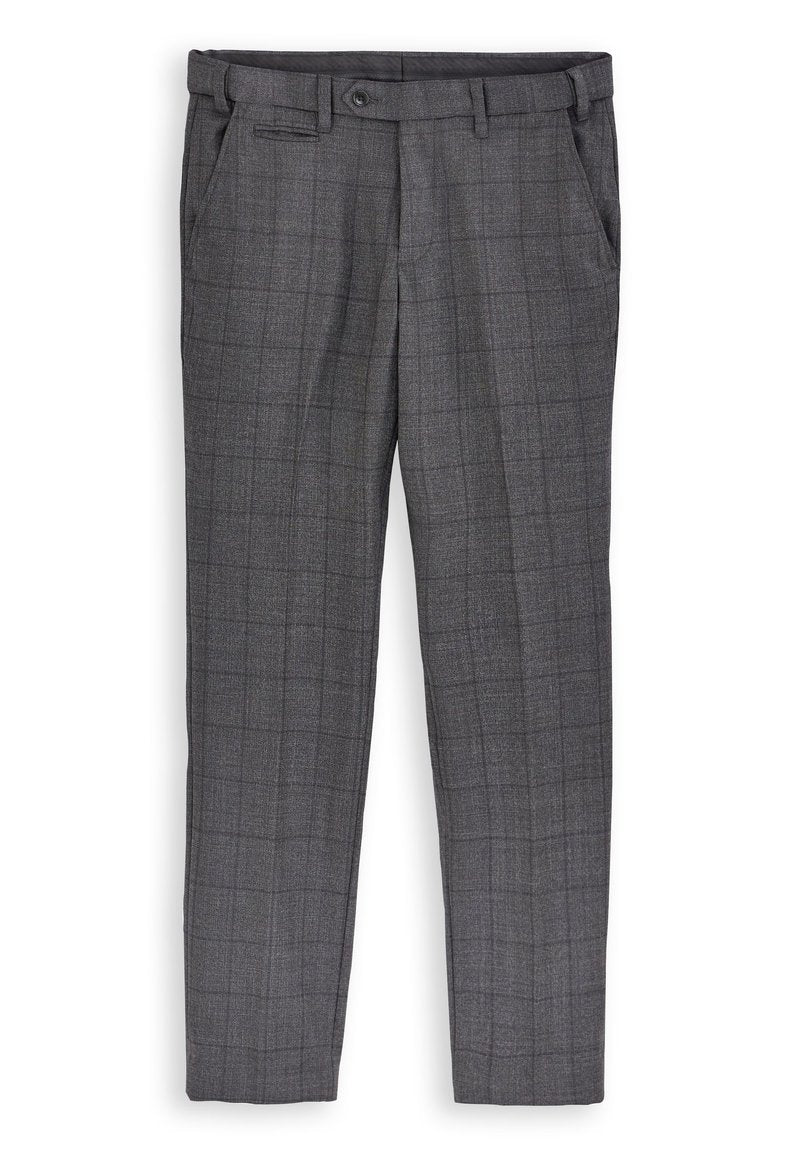 Graue karierte Hose mit flachem Vorderteil, zwei Seitentaschen und einem Taillenbund mit Gürtelschlaufen. Aus einem strukturierten Stoff gefertigt, geeignet für formelle Anlässe.