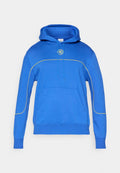 Blauer Kapuzenpullover mit frontalem Kängurutasche, gelben Paspeln an den Ärmeln und der Brust sowie der Aufschrift "90" in Gelb auf der Brust.