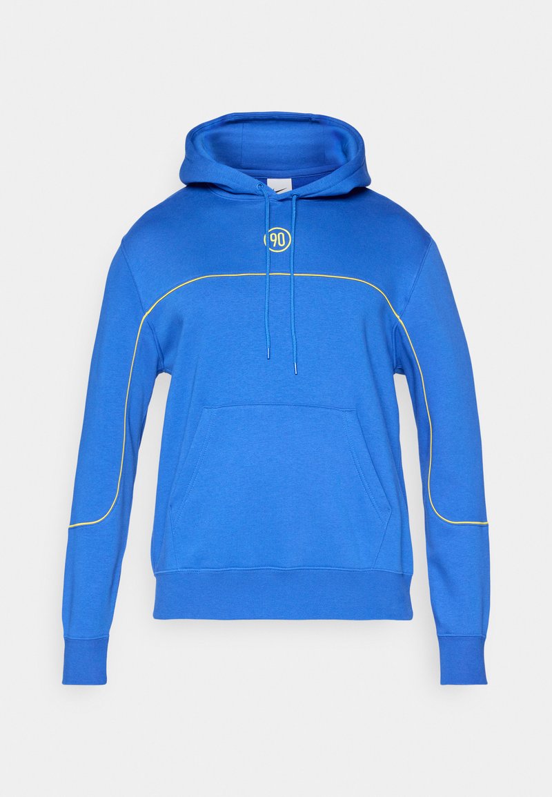 Blauer Kapuzenpullover mit frontalem Kängurutasche, gelben Paspeln an den Ärmeln und der Brust sowie der Aufschrift "90" in Gelb auf der Brust.