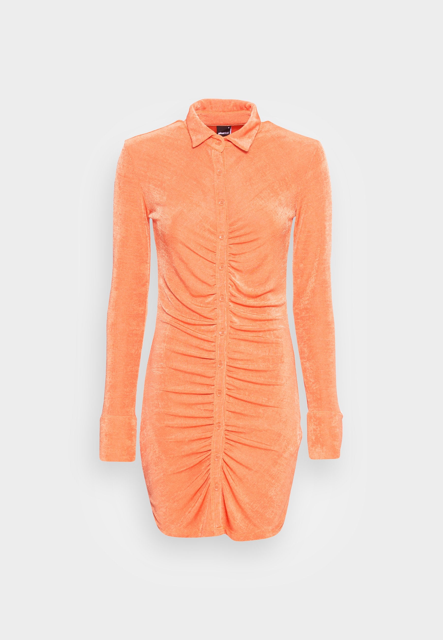 Oranges, langärmliges Hemdkleid mit kragenförmigem Ausschnitt, Knopfleiste und Raffungen an der Vorderseite und den Seiten. Weicher Stoff.