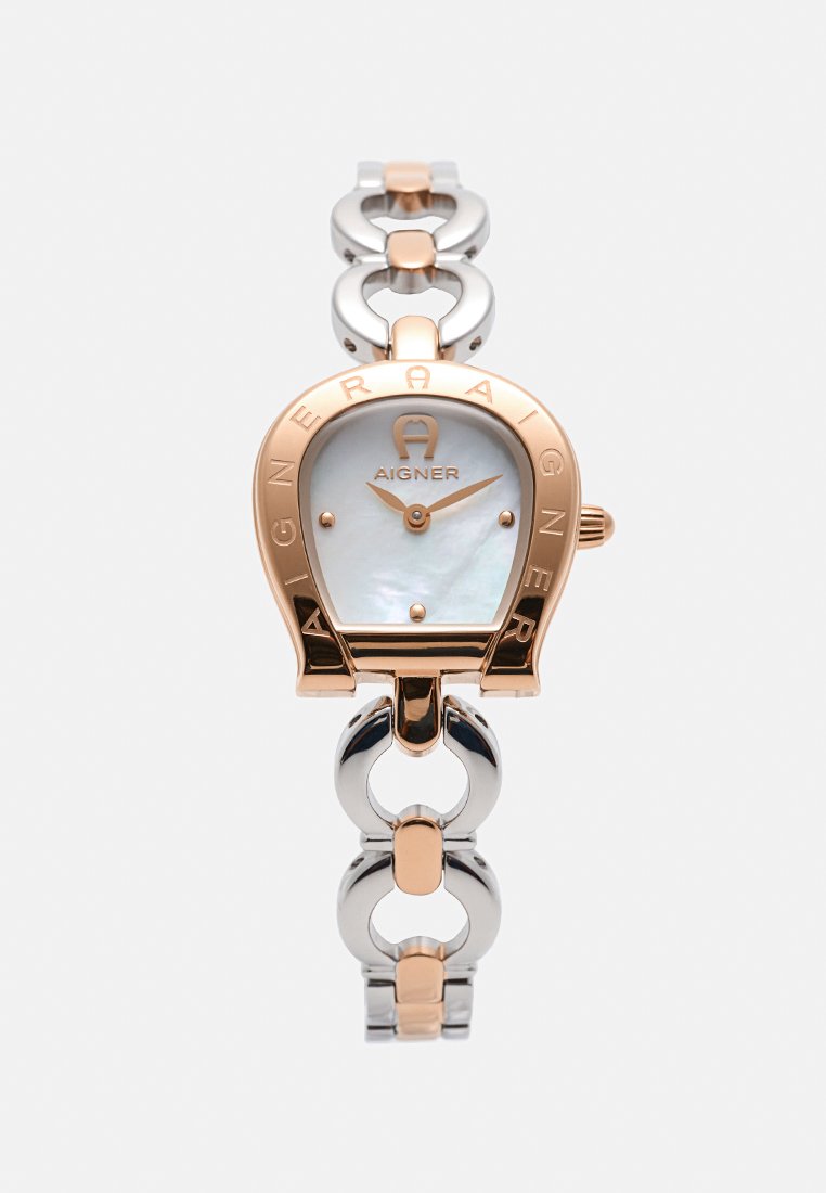 Zweifarbige silberne und roségoldene Aigner Armbanduhr mit hufeisenförmigem Gehäuse und perlmuttfarbenem Zifferblatt, das 10:10 Uhr anzeigt.