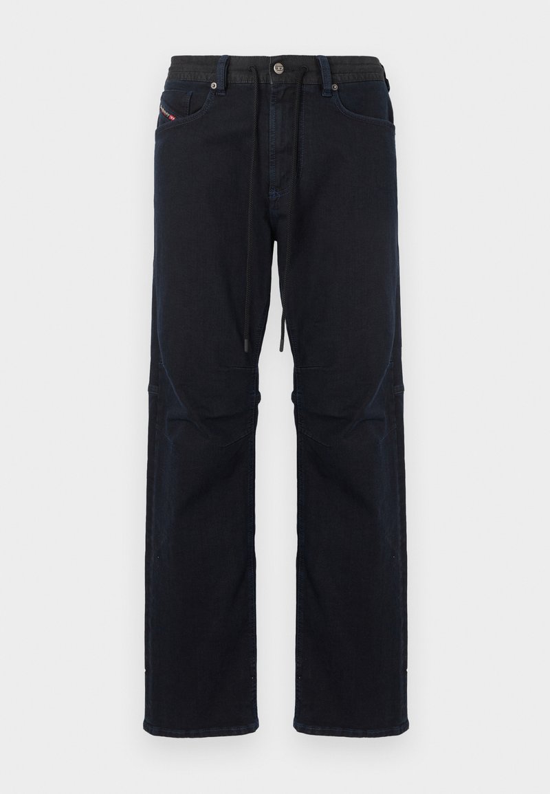 Dunkel marineblaue Jeans mit lockerem Schnitt, ausgestattet mit einem Tunnelzugbund, fünf Taschen und dezenten kontrastierenden Nähten.