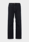 Dunkel marineblaue Jeans mit lockerem Schnitt, ausgestattet mit einem Tunnelzugbund, fünf Taschen und dezenten kontrastierenden Nähten.