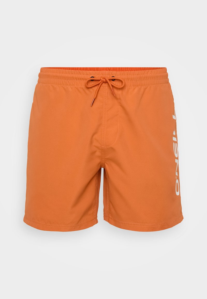 Orangefarbene Badehosen aus leichtem Stoff mit einem elastischen Bund und Kordelzug. Mit einem weißen Logo auf der linken Seite.
