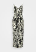 Schwarz-weißes Zebra-Muster Midi-Kleid mit V-Ausschnitt, überkreuztem Oberteil, dünnen Trägern und gerader Silhouette. Hergestellt aus leichtem Stoff.