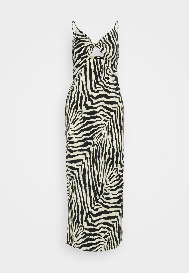 Schwarz-weißes Zebra-Muster Midi-Kleid mit V-Ausschnitt, überkreuztem Oberteil, dünnen Trägern und gerader Silhouette. Hergestellt aus leichtem Stoff.