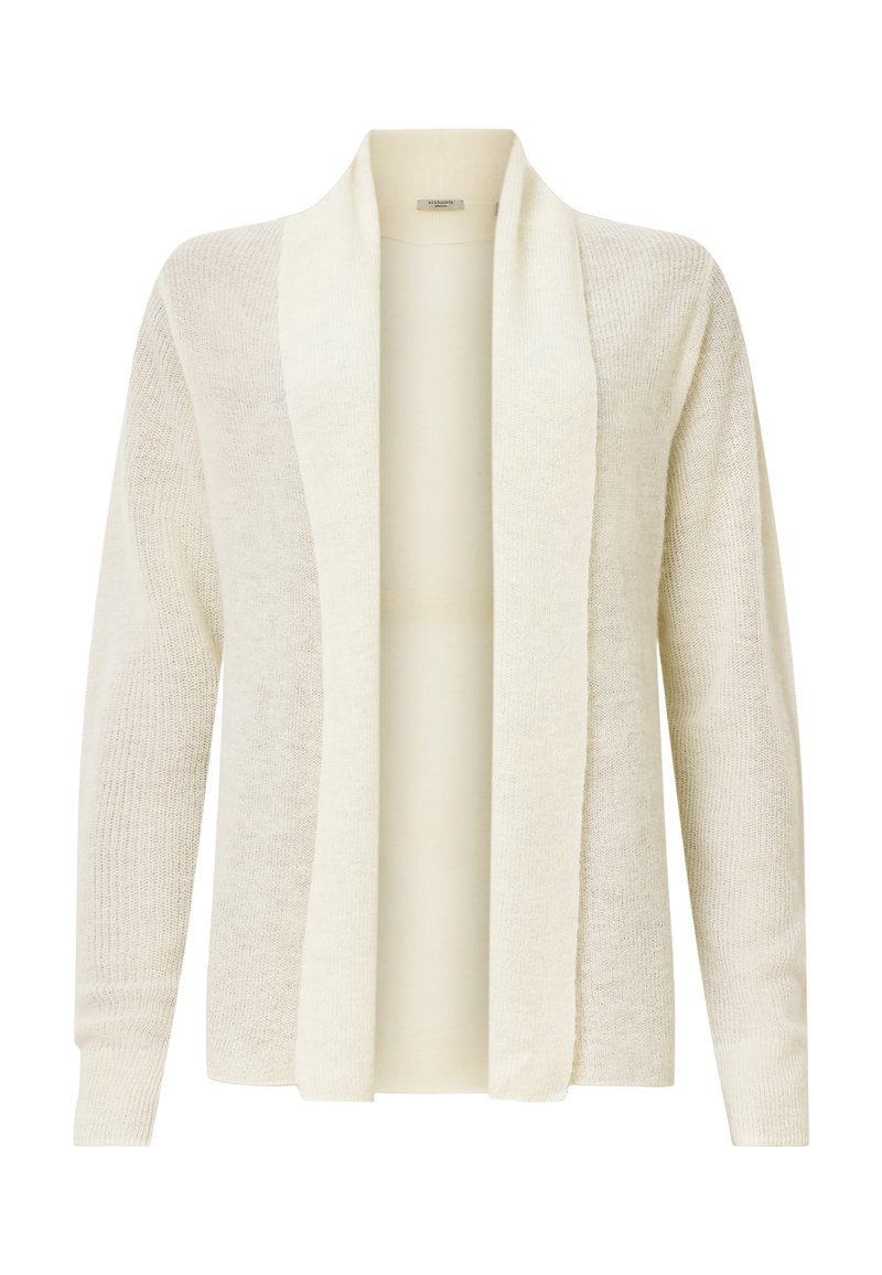Leichtgewichtige, offene Strickjacke in Off-White mit einem strukturierten Strickdesign, langen Ärmeln und einer lockeren Passform sowie einem Schalkragen.