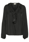 Schwarze Bluse aus einem glatten Stoff, mit V-Ausschnitt, langen Ärmeln und einer rüschierten Frontpartie. Weicher Stoff und lockere Passform.