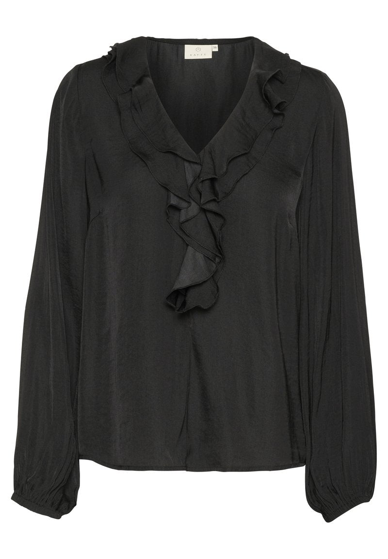 Schwarze Bluse aus einem glatten Stoff, mit V-Ausschnitt, langen Ärmeln und einer rüschierten Frontpartie. Weicher Stoff und lockere Passform.