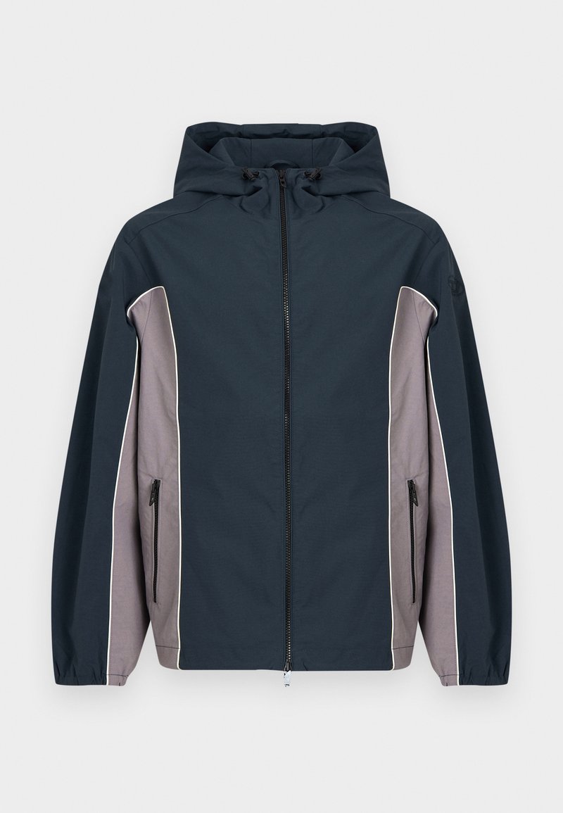 Marineblaue und graue Kapuzenjacke mit Frontreißverschluss, seitlichen Reißverschlusstaschen und elastischen Bündchen.