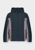 Marineblaue und graue Kapuzenjacke mit Frontreißverschluss, seitlichen Reißverschlusstaschen und elastischen Bündchen.