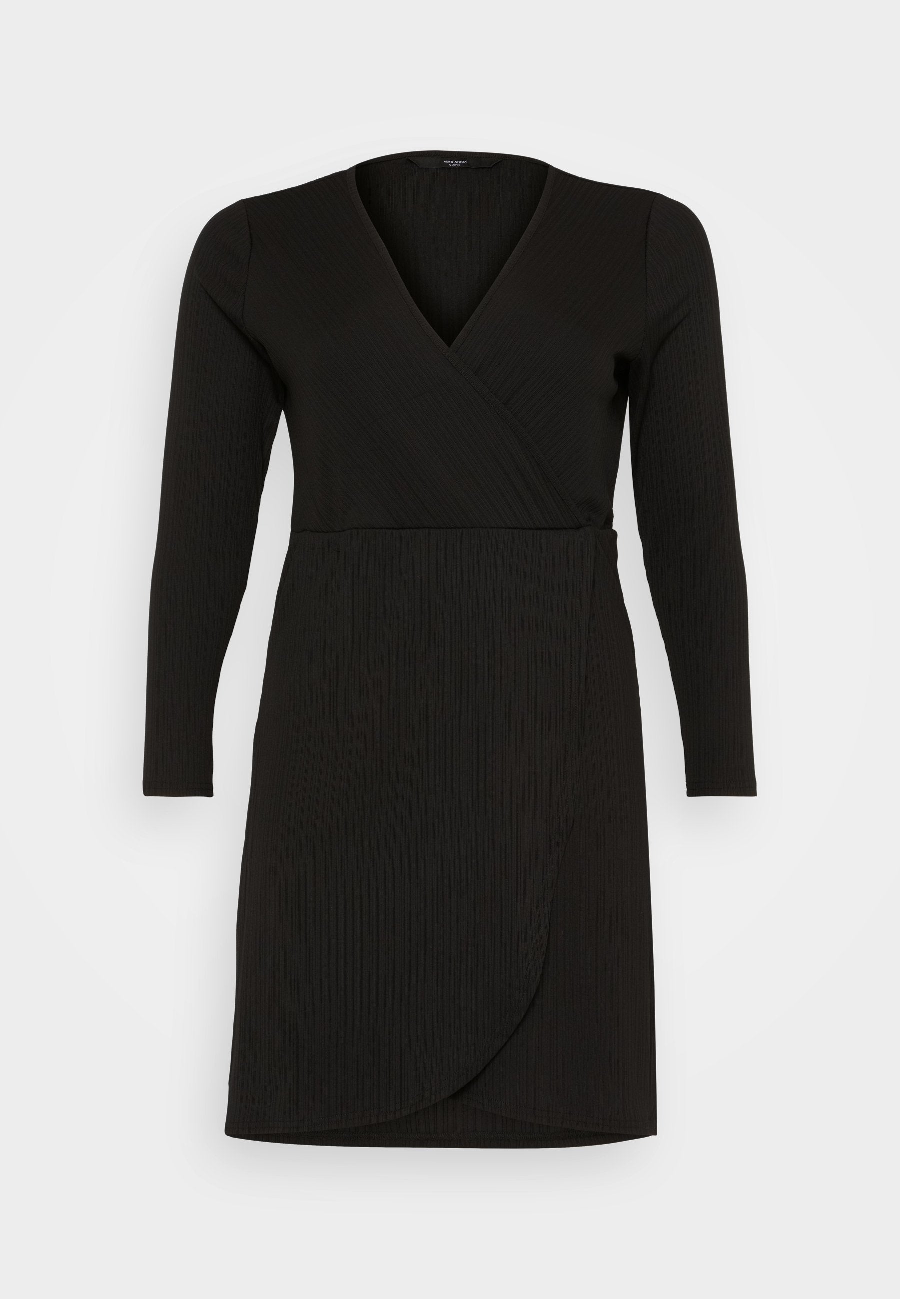 Schwarzes Wickelkleid aus geripptem Stoff. Mit langen Ärmeln und V-Ausschnitt, seitlichem Schlitz und einer taillierten Taille für eine schmale Silhouette.