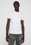Weiße Baumwoll-T-Shirt mit Rundhalsausschnitt, kurzen Ärmeln und einem grafischen Aufdruck in hellem Beige mit der Aufschrift "DENIM DIVISION 78."