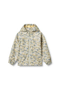 Leicht beige Jacke mit floralem Muster in Blau und Grün. Verfügt über eine Kapuze, einen frontalen Reißverschluss sowie elastische Bündchen und Saum. Wasserabweisendes Material.