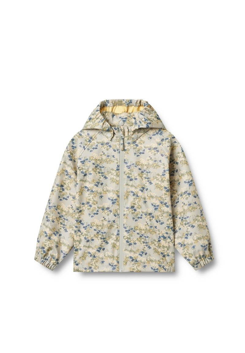 Leicht beige Jacke mit floralem Muster in Blau und Grün. Verfügt über eine Kapuze, einen frontalen Reißverschluss sowie elastische Bündchen und Saum. Wasserabweisendes Material.