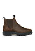 Braune Leder-Chelsea-Stiefel mit elastischen Seitenteilen, Ziehschlaufen und einer schwarzen Gummisohle mit strukturiertem Profil für besseren Halt.