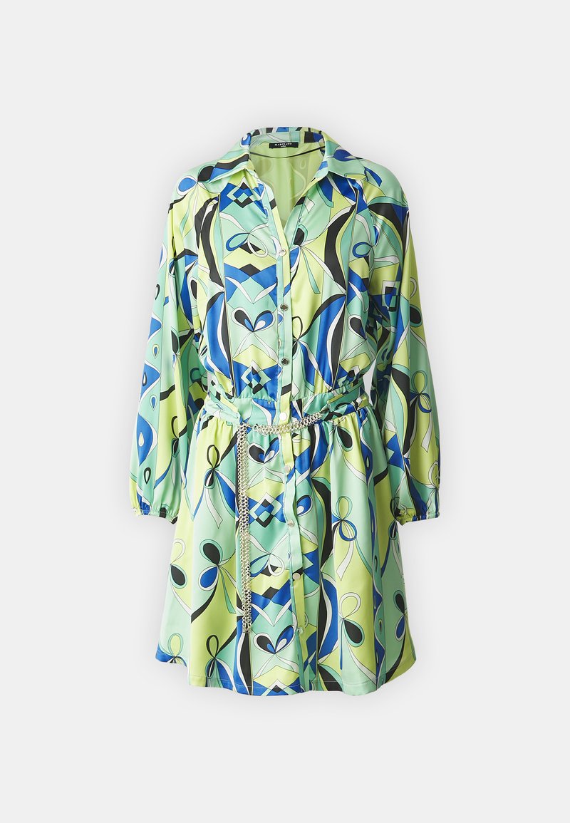 Hemdkleid in lebhaften grünen, blauen und schwarzen Mustern. Verfügt über einen Kragen, lange Ärmel, eine Knopfleiste und einen gebundenen Gürtel mit Kettendetails.