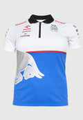 Kurzärmeliges Polohemd in Weiß und Blau mit Kragen, ausgestattet mit einem halben Reißverschluss, auffälligem Branding und einem silbernen Grafikdesign.