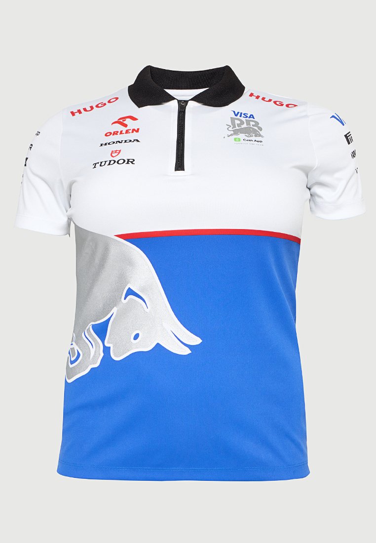 Kurzärmeliges Polohemd in Weiß und Blau mit Kragen, ausgestattet mit einem halben Reißverschluss, auffälligem Branding und einem silbernen Grafikdesign.