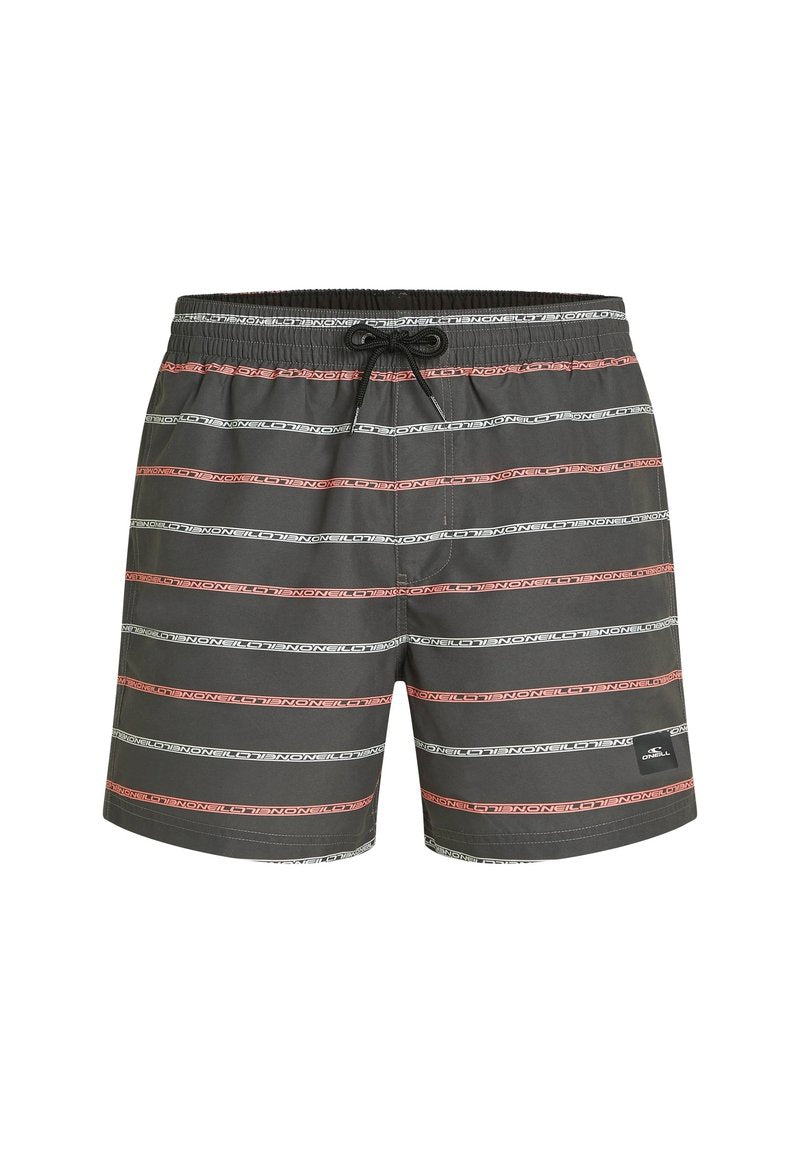 Graue Badehose mit horizontalen Streifen in Rot und Weiß. Sie verfügt über einen elastischen Bund mit einem schwarzen Kordelzug und einem Logopatch an der Seite.