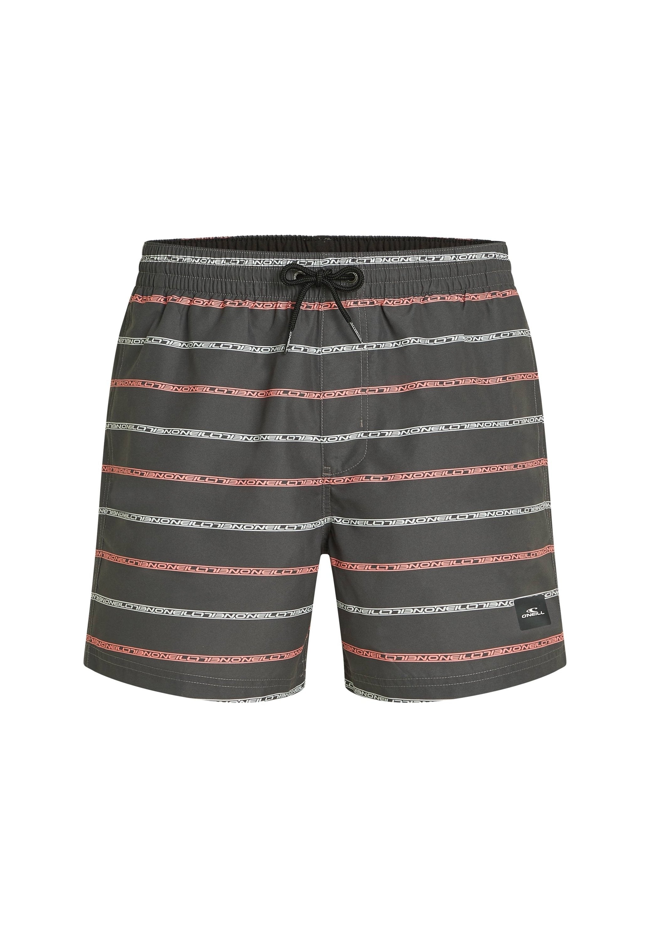 Graue Badehose mit horizontalen Streifen in Rot und Weiß. Sie verfügt über einen elastischen Bund mit einem schwarzen Kordelzug und einem Logopatch an der Seite.