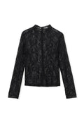 Schwarze Spitzenbluse mit langen Ärmeln, rundem Kragen, Knopfverschluss und strukturierten Blumenmustern. Merkmale sind mit Spitze besetzte Manschetten und Saum.