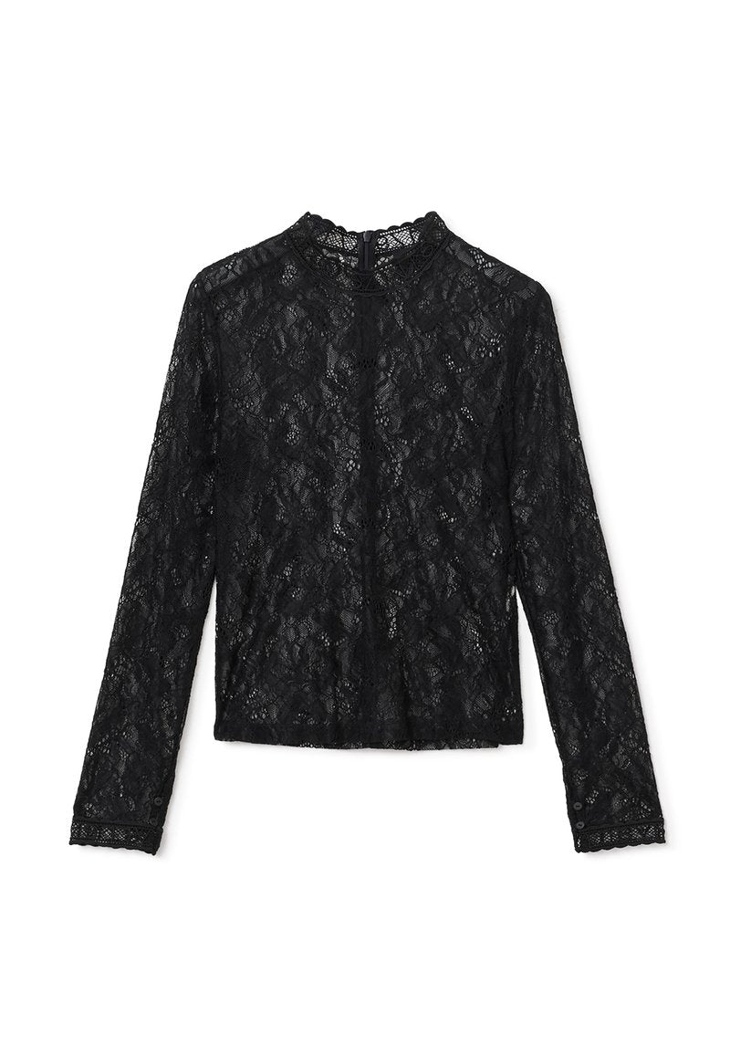 Schwarze Spitzenbluse mit langen Ärmeln, rundem Kragen, Knopfverschluss und strukturierten Blumenmustern. Merkmale sind mit Spitze besetzte Manschetten und Saum.