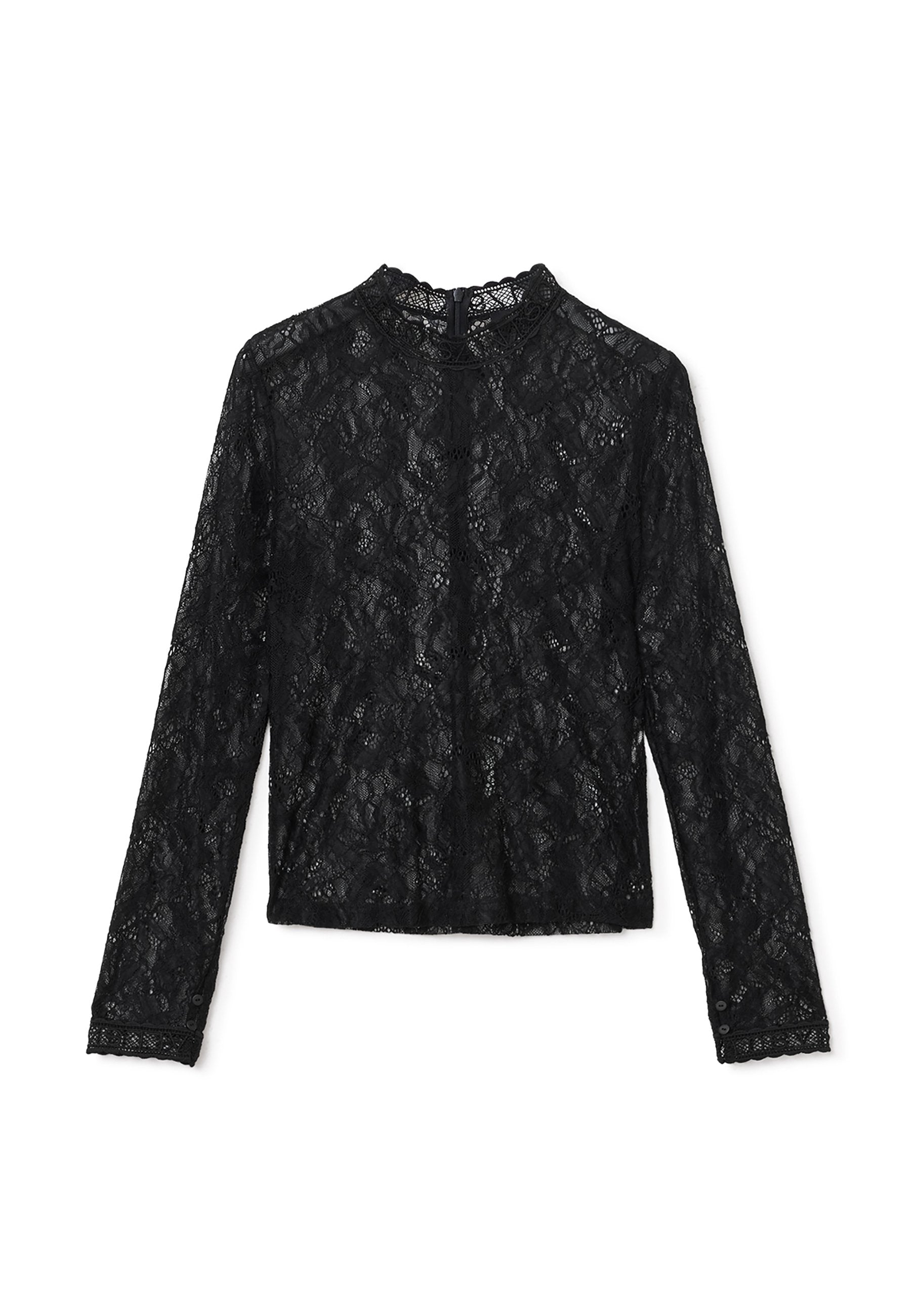 Schwarze Spitzenbluse mit langen Ärmeln, rundem Kragen, Knopfverschluss und strukturierten Blumenmustern. Merkmale sind mit Spitze besetzte Manschetten und Saum.