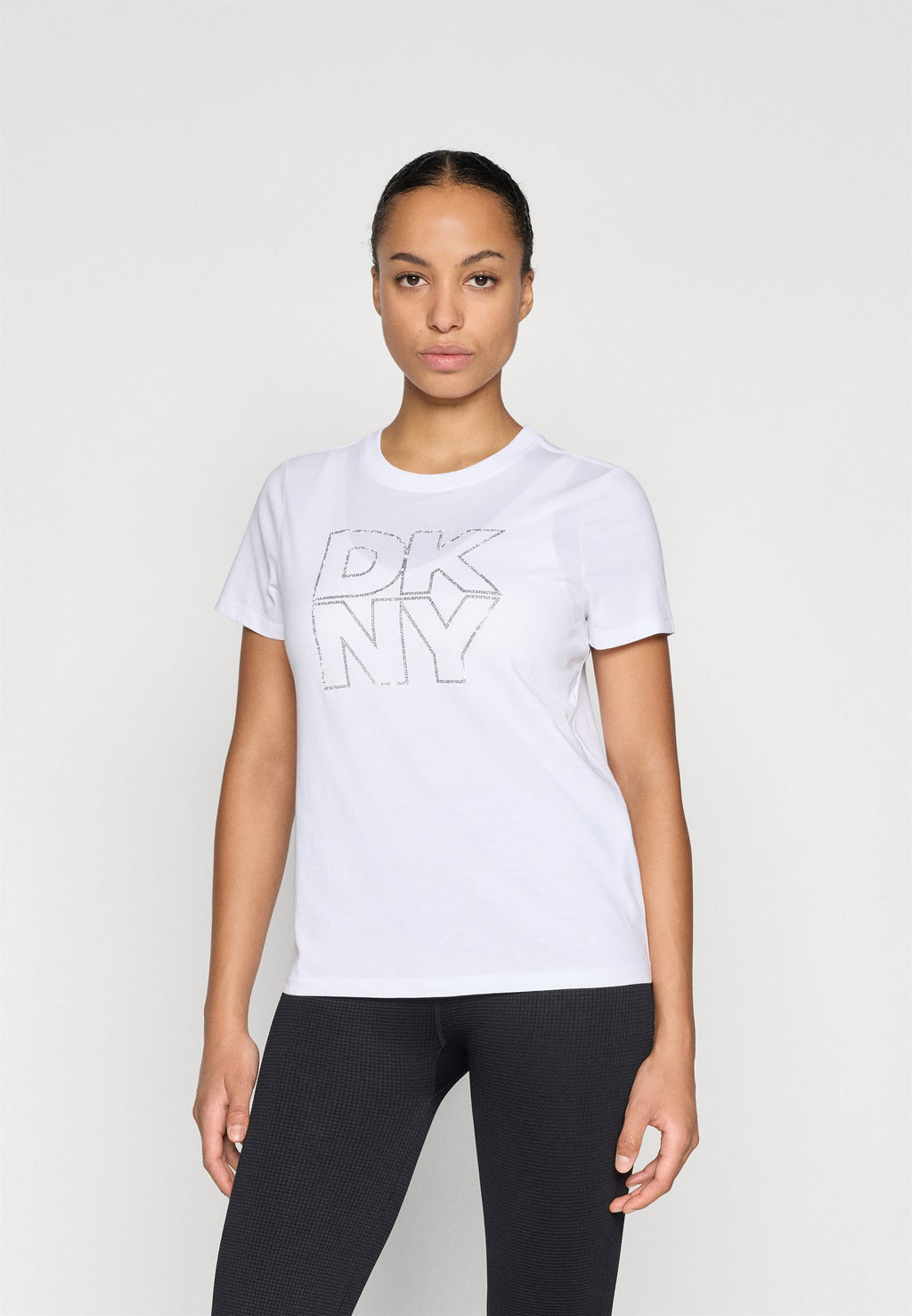 DKNY DOUBLE OUTLINE RHINESTONE LOGO SHORT SLEEVE RELAXED FIT CREW NECK TEE