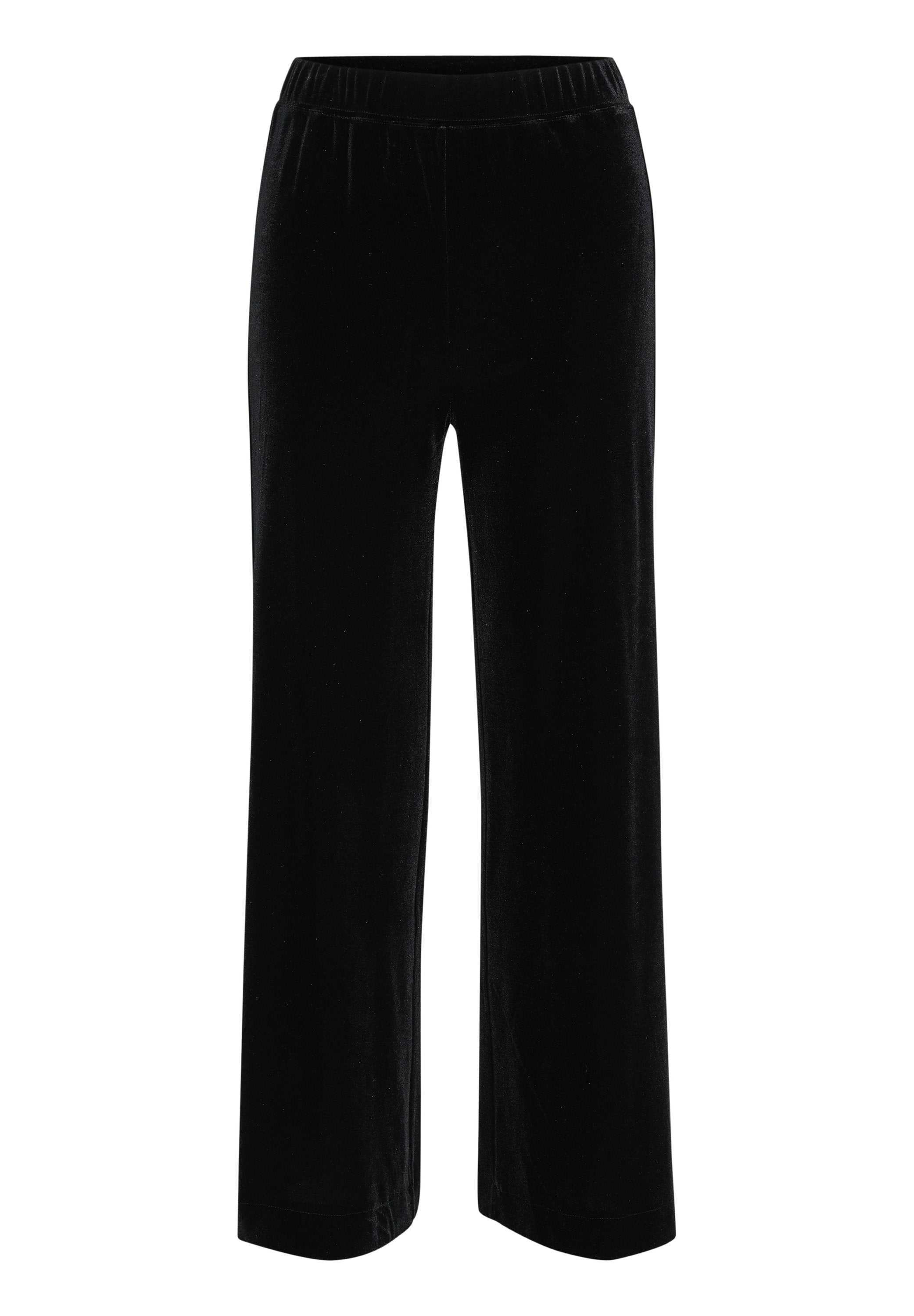 Schwarze Samt-Breitbein-Hosen mit einem elastischen Bund, die eine glatte Textur und ein sauberes, gerades Design aufweisen.