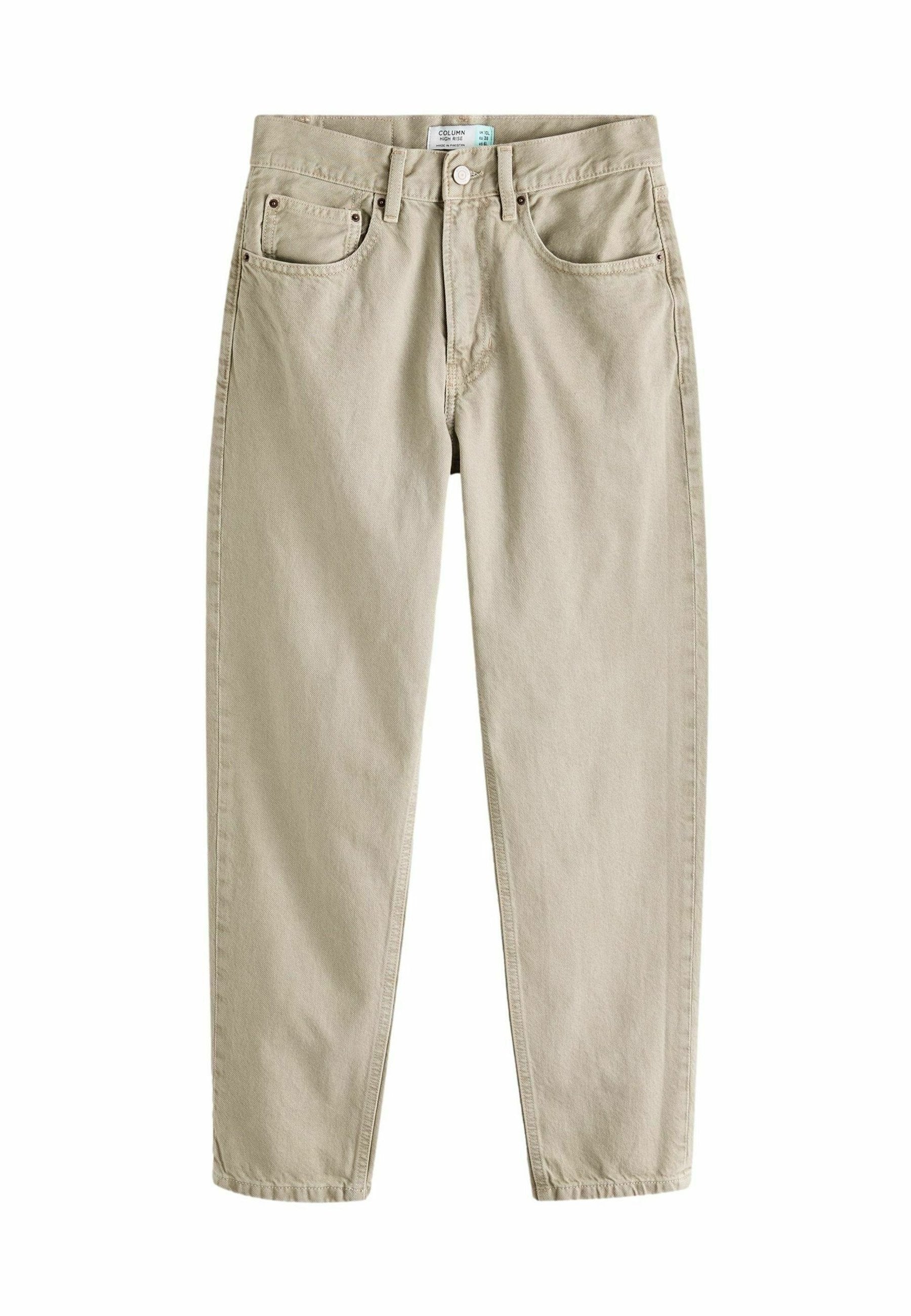 Beige Baumwollhose mit geradem Bein, ausgestattet mit fünf Taschen, subtilen Nähten und einem Knopfverschluss am Bund.